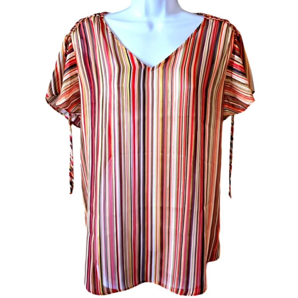 Tahari Blouse Ruffled Flutter Sleeves V-Neck Top Gold Multicolor Women's M